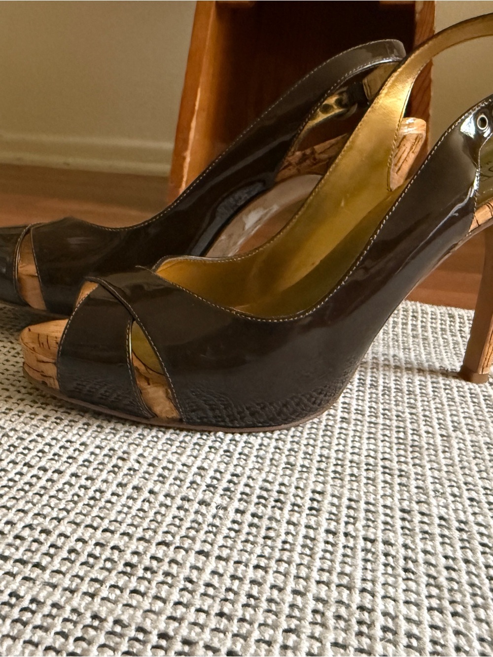 Guess Patent Peep-Toe Slingback Heels in Dark Brown with Cork Accent
